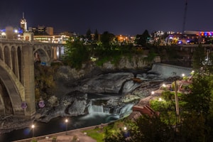 water falls near bridge during night time
