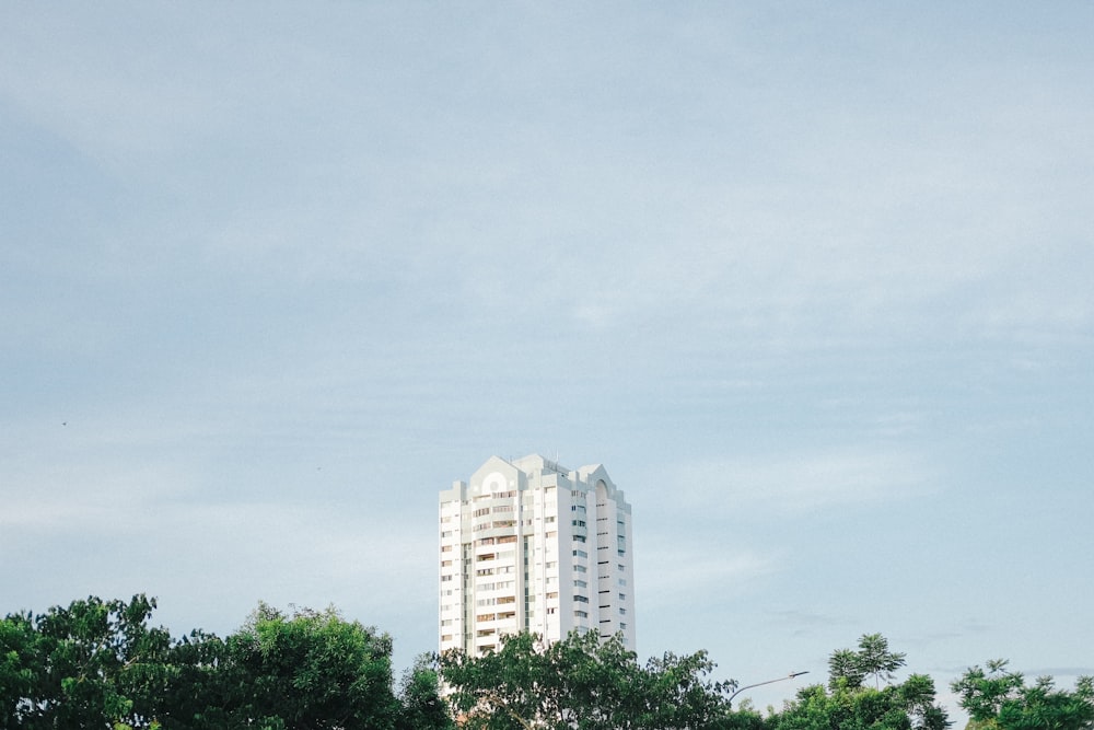 Edificio de hormigón blanco cerca de árboles verdes bajo el cielo blanco durante el día