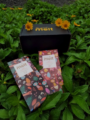 A black box labeled 'melt' is surrounded by bright yellow flowers on a bed of green leaves. In the foreground, two chocolate bar packages with colorful, intricate patterns are lying on the leaves.