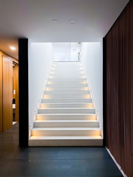 white staircase with brown wooden door