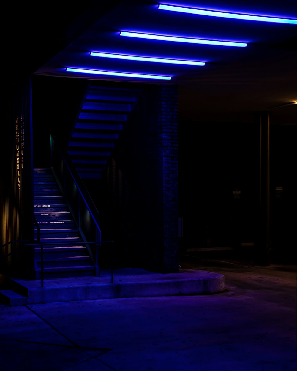 purple and blue lighted hallway