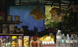 A street-side stall features a variety of packaged foods and items. Shelves are stocked with jars of condiments, bags of chips and snacks, trays of eggs, and bottled water. Hanging from above are packets of popcorn and other snacks. The setting has a rustic, informal feel, with sunlight filtering through to highlight the items.