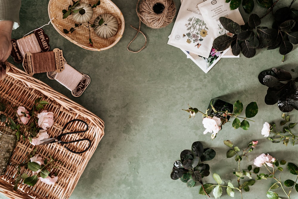 brown woven basket on gray floor