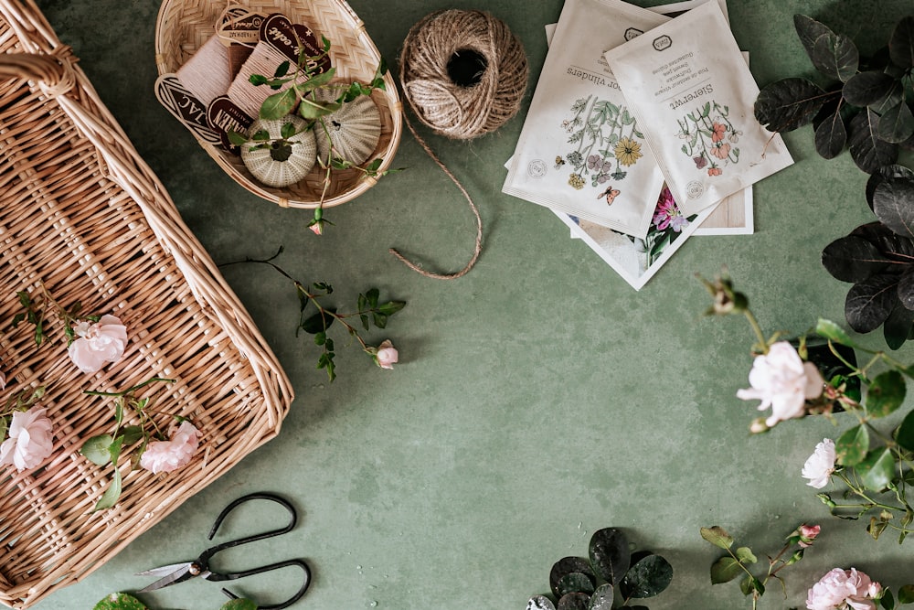 brown woven basket on green floor