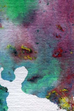 An abstract watercolor artwork featuring a blend of vibrant colors. The background has a mix of greens, purples, and reds with some yellow splatters. A white silhouette resembling an abstract figure is present in the lower left corner.