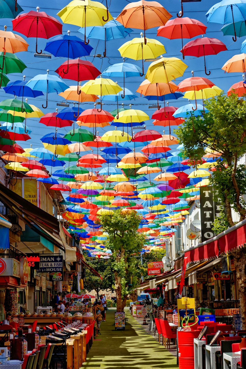 assorted umbrellas on the street during daytime