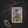 A tarot card is placed on a dark surface. The card features a central image of a goat skull with large horns and a background of geometric patterns. Two circular symbols appear at the bottom. Next to the card, a slender branch with small buds and a stone with a hole are arranged artistically.