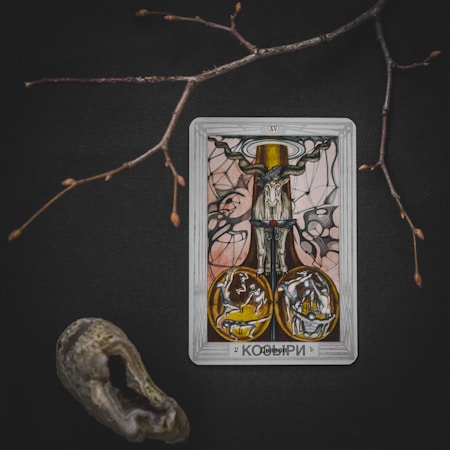 A tarot card is placed on a dark surface. The card features a central image of a goat skull with large horns and a background of geometric patterns. Two circular symbols appear at the bottom. Next to the card, a slender branch with small buds and a stone with a hole are arranged artistically.