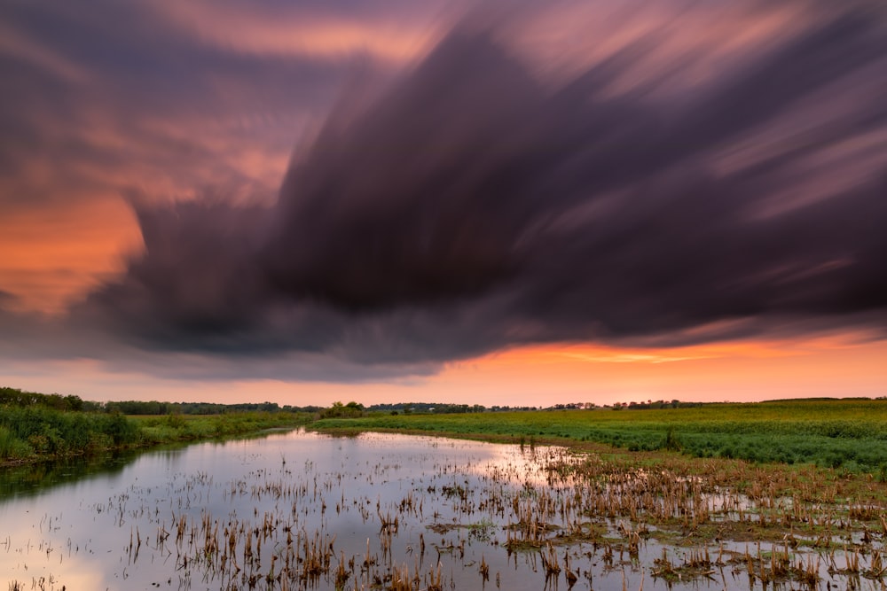 green grass field near body of water under cloudy sky during daytime