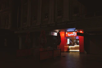 Brightly lit storefront with branding materials designed by Cocos Aviso.