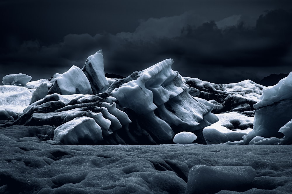 grayscale photo of ice formation