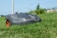 A robotic lawn mower is moving across a grassy lawn, with a clear blue sky in the background. The mower has a sleek, compact design and features prominent black and orange details.