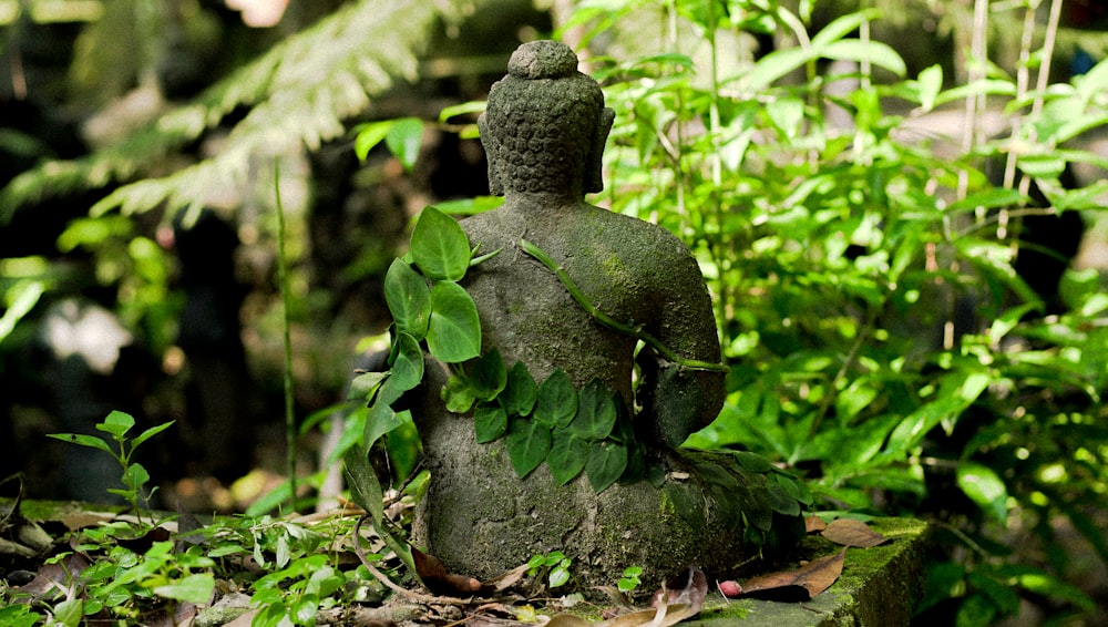 Graue Buddha-Statue aus Beton auf braunen getrockneten Blättern