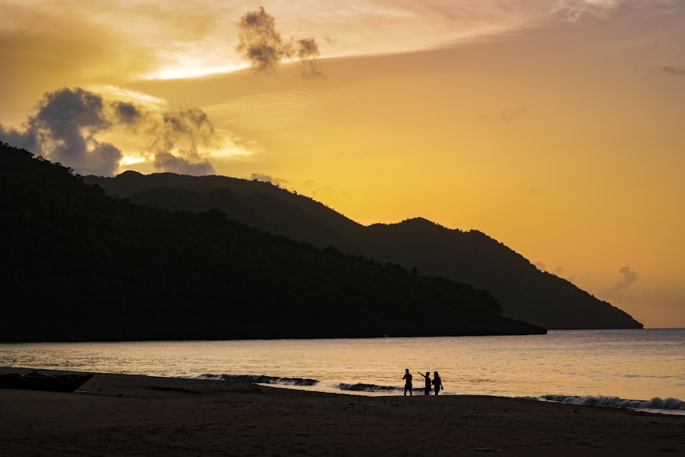 silhouette of 2 people walking on beach during sunset