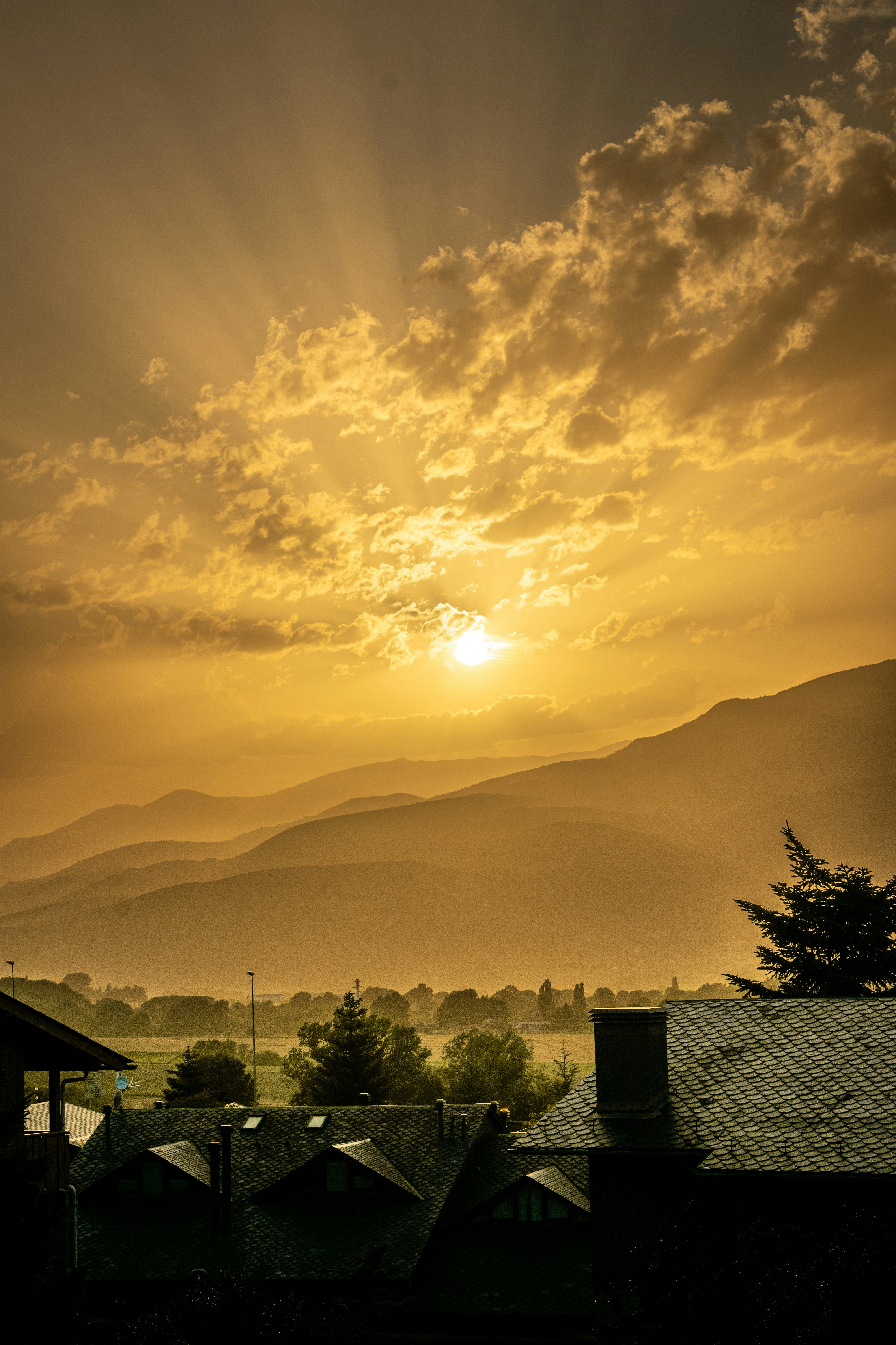 Silueta de árboles y montañas durante la puesta del sol