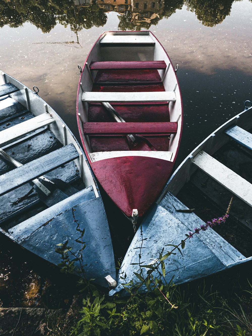 blue and red canoe boat on body of water