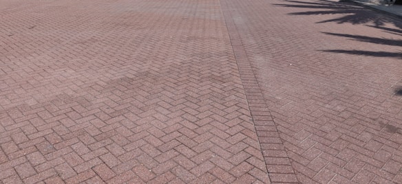 A large expanse of interlocking brick paving with a herringbone pattern. Shadows of palm trees can be seen on the right side.