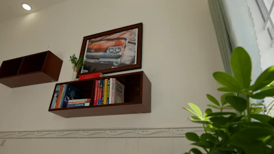 A set of modern corner wall shelves displaying small plants and books against a bright wall.