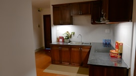 A small kitchen area featuring wooden cabinetry, a dark countertop, and modern appliances. A potted plant and a box of drinks are placed near the sink. On the countertop, there are various packaged food items, including tins and boxes.