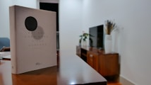A book titled 'Đời Nhẹ Kh&ocirc;n Kham' by Milan Kundera stands upright on a polished wooden table. In the background, a modern living room features a flat-screen TV on a wooden console, a decorative vase with dry plants, and a small potted plant. The room has white walls and a soft, ambient light.