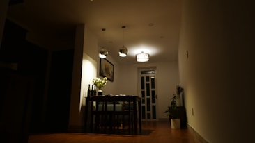 A dimly lit room with a dining table set for a meal. Hanging lights provide a warm glow over the table, which is accompanied by a vase of flowers and bottles. The space has a modern, minimalist decor with a painting on the wall and a potted plant.