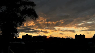 Cinematic frame showing a dramatic sunset over a cityscape with warm golden light.