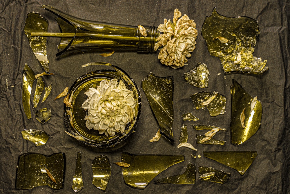 gold flower bouquet on black surface