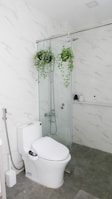 A modern bathroom with white marble-patterned walls and grey floor tiles. The space features a white toilet and a glass shower enclosure. Inside the shower are two hanging green plants, and various toiletries are visible on a small shelf.