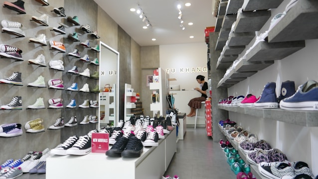 A shoe store interior with a variety of sneakers displayed on wall-mounted shelves on both sides. There are multiple colors and styles, including high-tops and low-tops. A counter at the back has a person seated, possibly assisting customers. A sign with 'NEW ARRIVALS' is visible on a central display table.