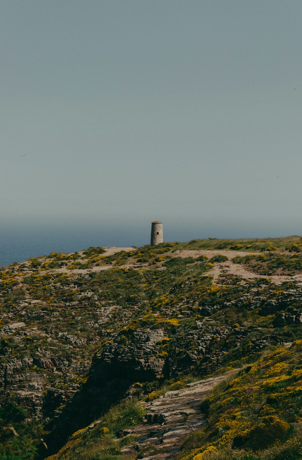 white and brown lighthouse on green grass covered hill under white sky during daytime