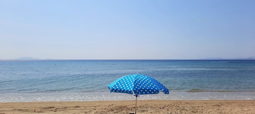 blue umbrella on beach during daytime