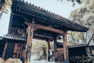 A beautifully crafted gate with intricate woodwork, inviting and secure.
