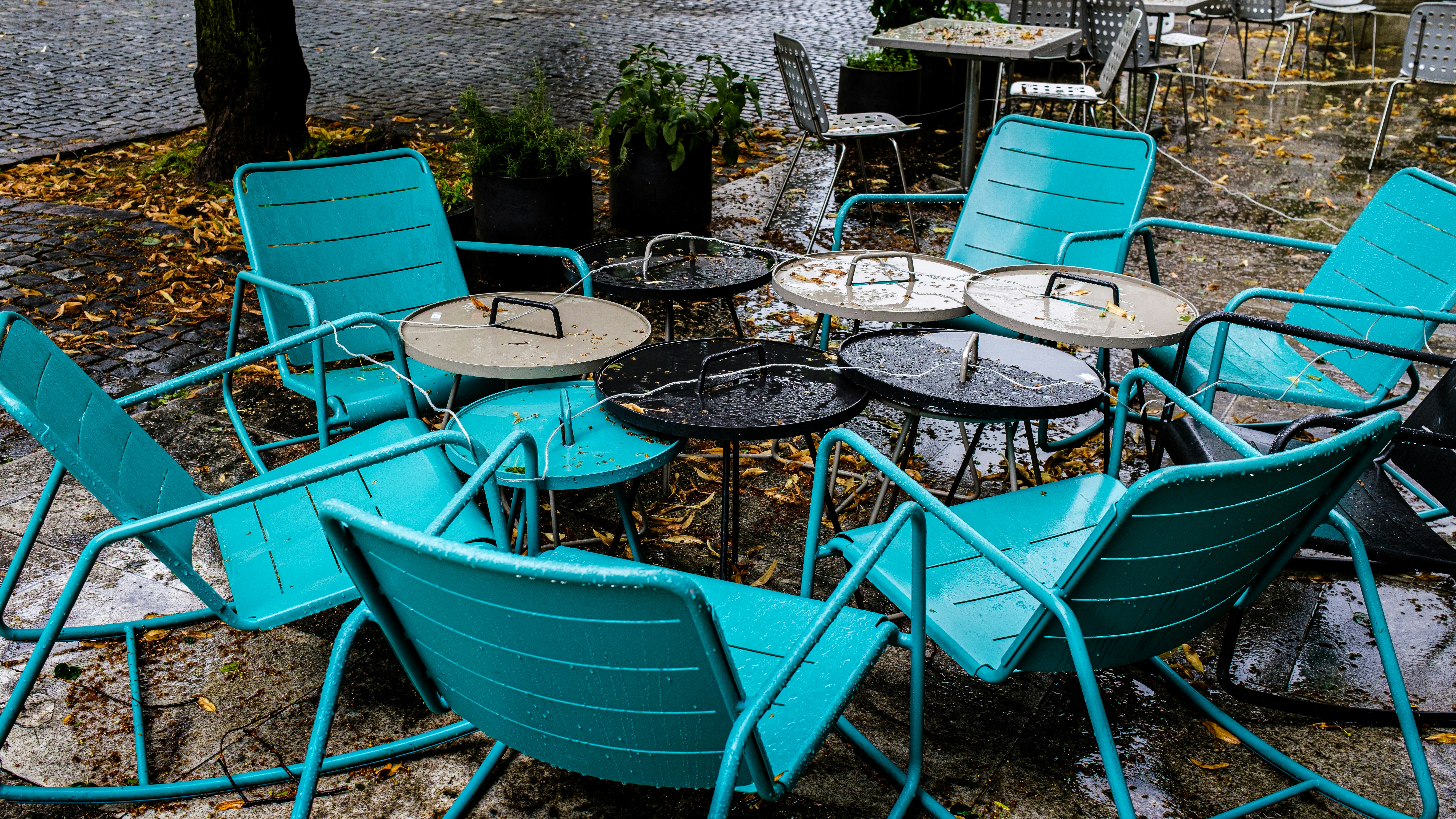 blue metal chair near table