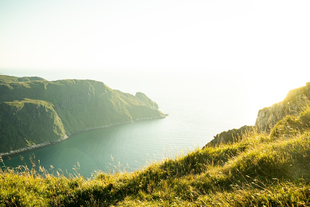 green grass covered mountain beside body of water during daytime