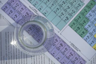 Close-up of the interactive periodic table showing colorful element details.