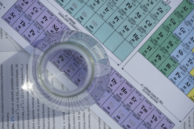 A magnifying glass placed over a section of a periodic table, highlighting elements with varying colors and atomic information. The text of the periodic table appears in multiple colors depending on the section, and there are additional documents or notes underneath with smaller text in a different language.
