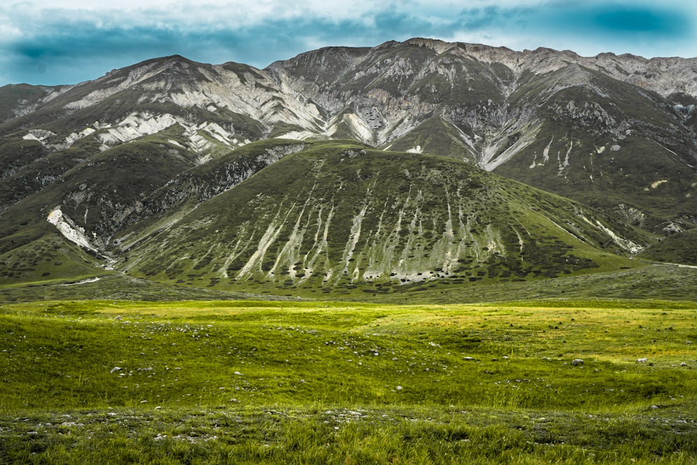 green grass field near snow covered mountain during daytime