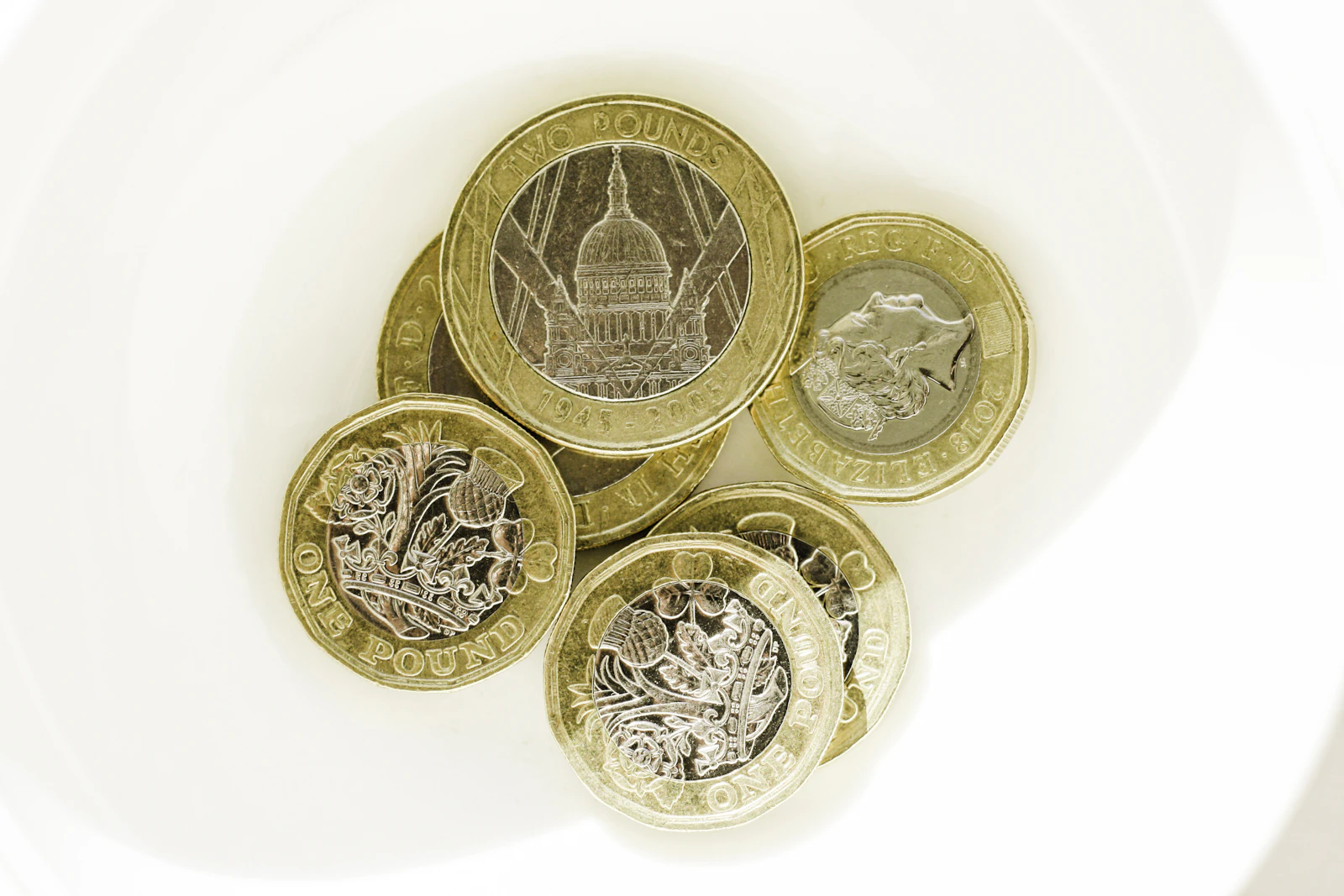 UK pound coins stacked on a counter