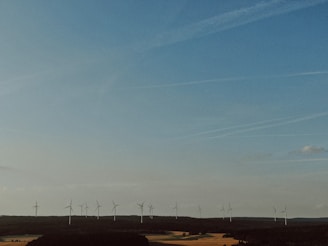 A series of wind turbines is spread across a flat landscape under a vast sky with thin clouds. The setting appears tranquil, with open fields and forested areas beneath the turbines.