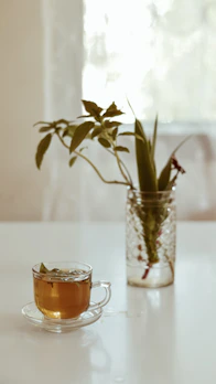 Fresh herbal tea in a clear glass cup with green leaves and soft natural light.
