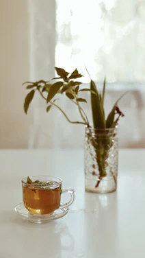 A serene morning scene with a cup of herbal tea and k butterfly® supplement bottle on a wooden table surrounded by fresh green leaves.