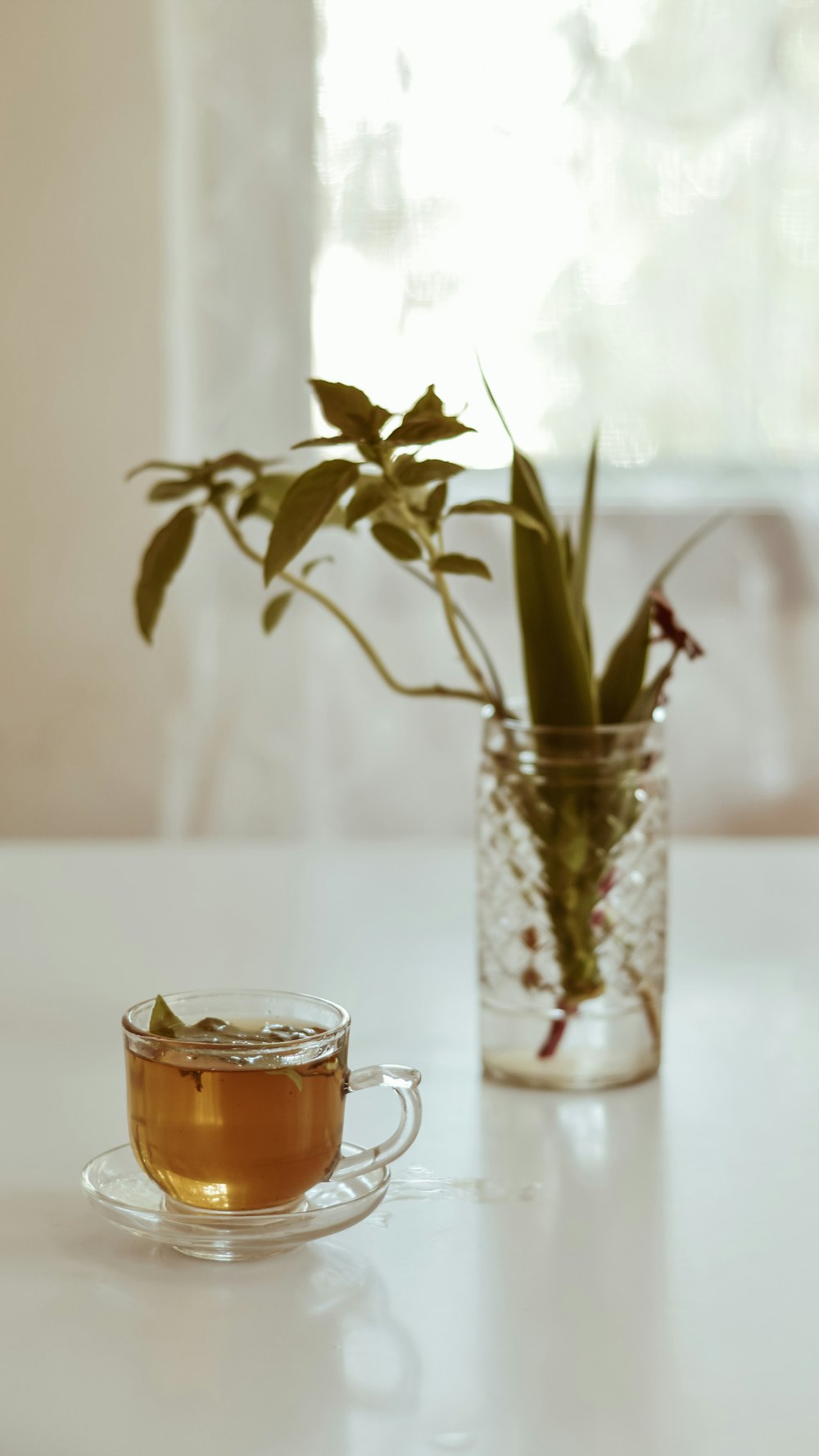 clear glass mug with brown liquid inside