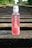 A bottle of Karma Probiotic Water with a berry cherry flavor is placed on wooden railroad tracks. The background features lush green foliage alongside the tracks, giving a sense of depth and perspective.