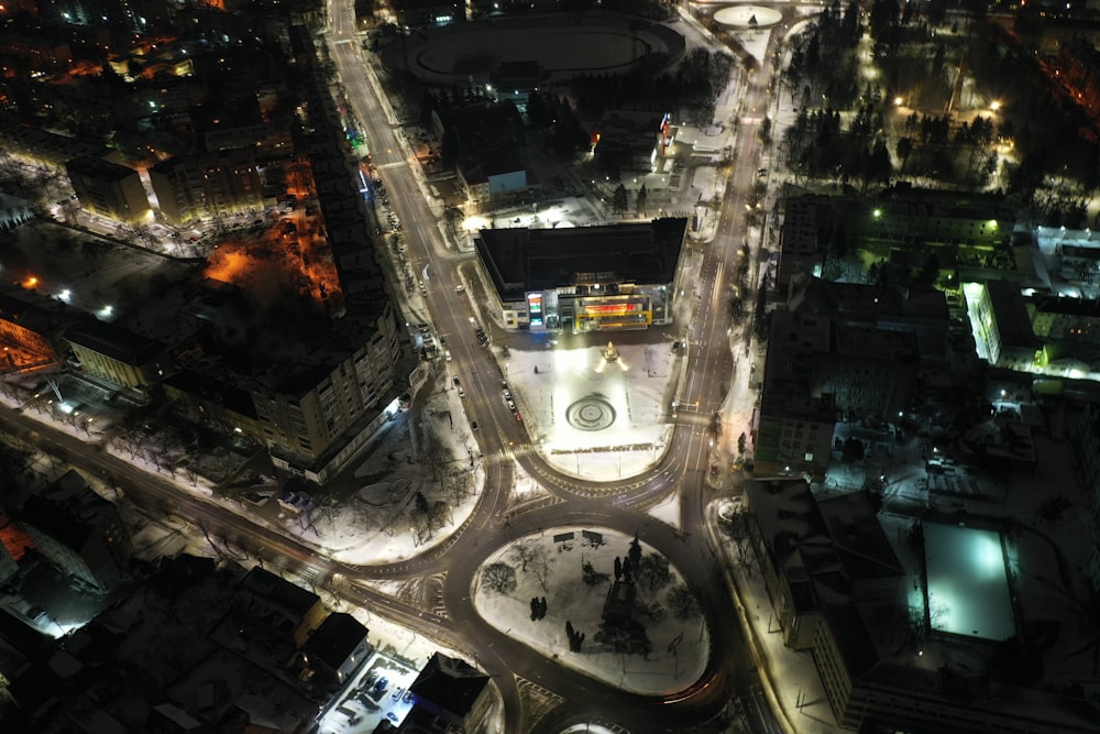 aerial view of city buildings during night time