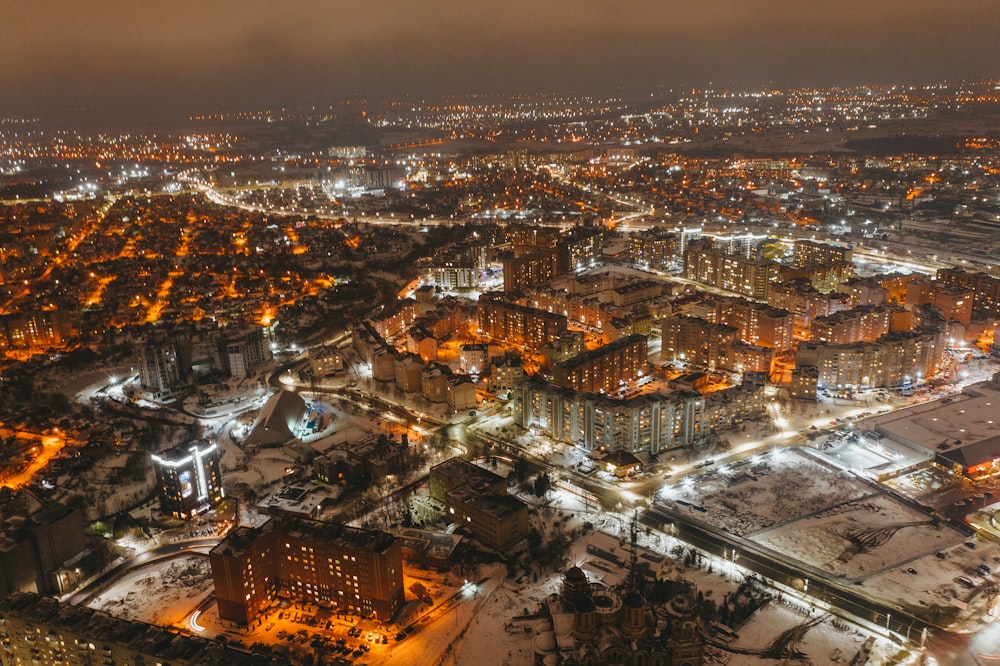 aerial view of city during night time