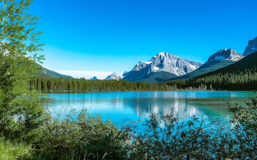 lake near snow covered mountain under blue sky during daytime