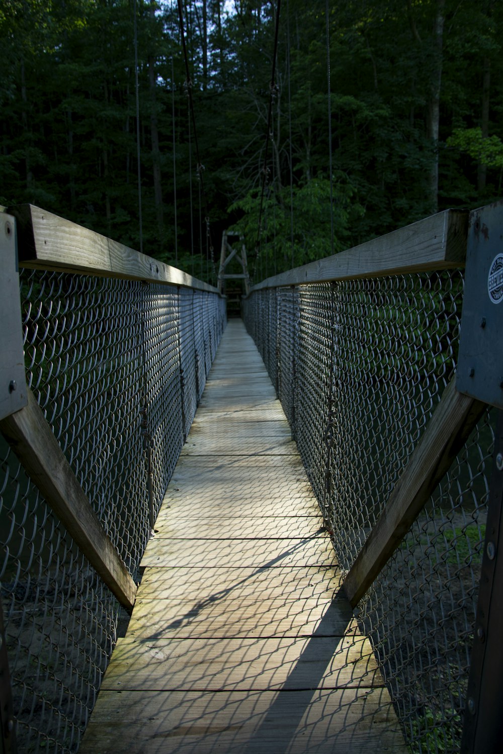 brown wooden bridge over green trees