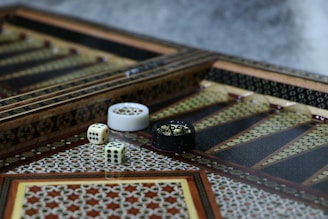 A beautifully crafted wooden board game set displayed on a table.