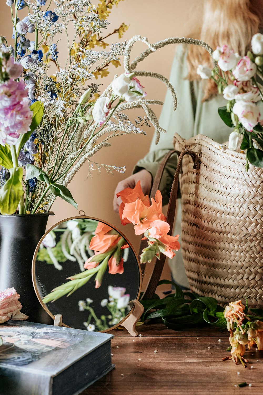 white wicker basket on table