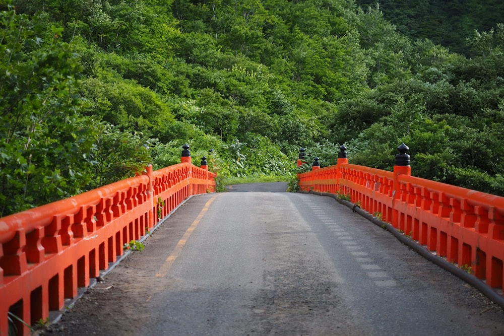 red wooden bridge in the middle of green trees